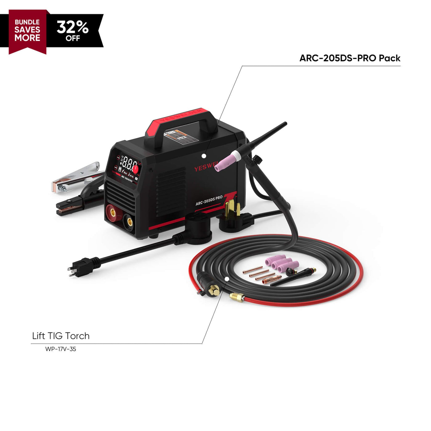 ARC-205DS-PRO Digital Display 110V/220V Stick & Lift TIG In One Stick Welder Hardware > Tools > Welders & Plasma Cutters YesWelder Welder+Combo Bundle｜ Only $135.09 (Save $63.89) 