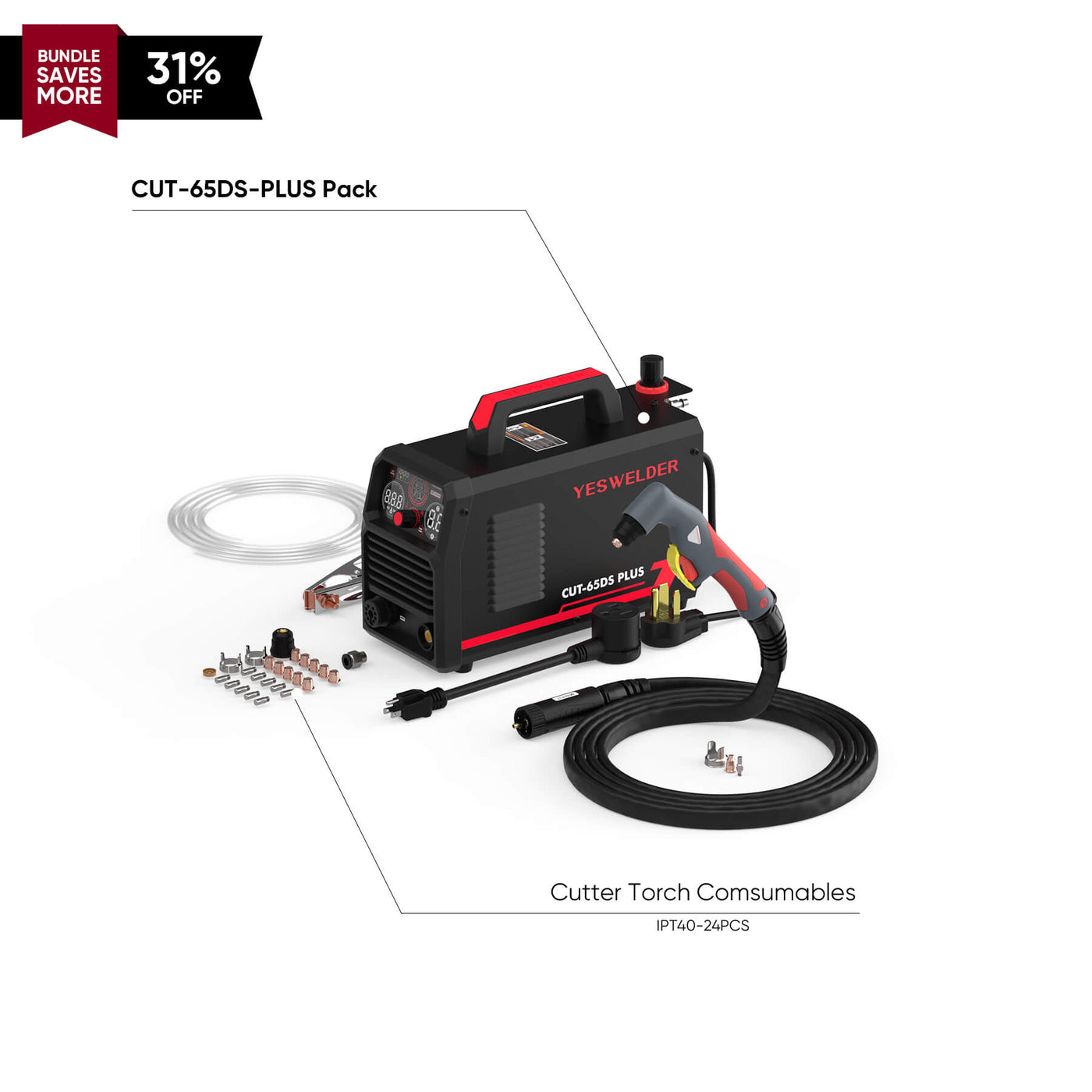 CUT-65DS-PLUS Plasma Cutter with Central-Connector Torch for Quick Heavy-Duty Cutting, Gouging and Marking