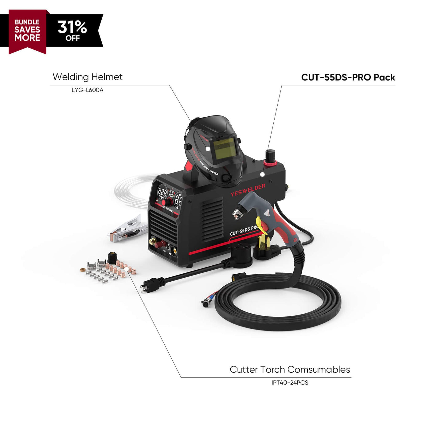 CUT-55DS-PRO Digital Display Non-HF Non-Touch Pilot Arc Plasma Cutter Hardware > Tools > Welders & Plasma Cutters YesWelder Cutter+Promo Bundle｜ Only $265.99 (Save $124.00) 