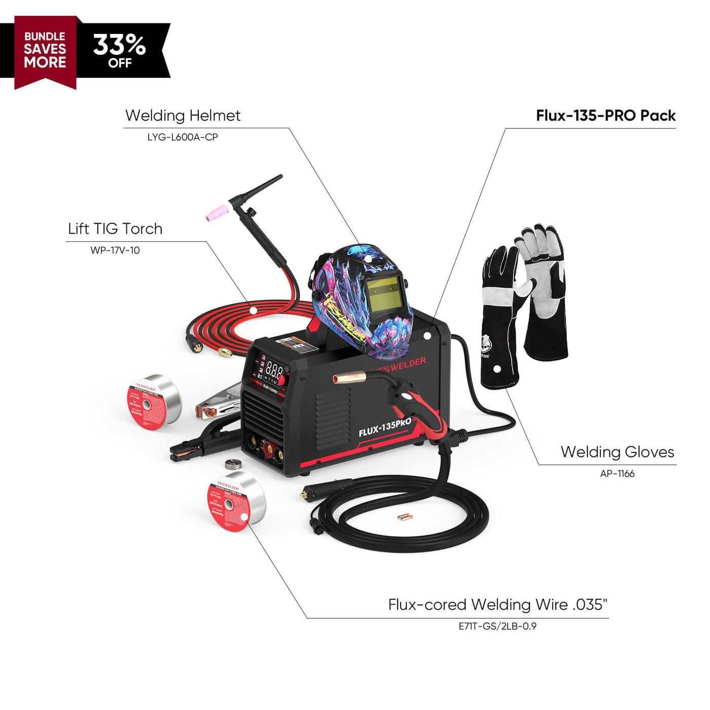 Flux-135-PRO 110V Digital Display Flux MIG/Lift TIG/Stick 3-in-1 Gasless MIG Welder Hardware > Tools > Welders & Plasma Cutters YesWelder Welder+Promo Bundle｜ Only $202.62 (Save $101.23) 