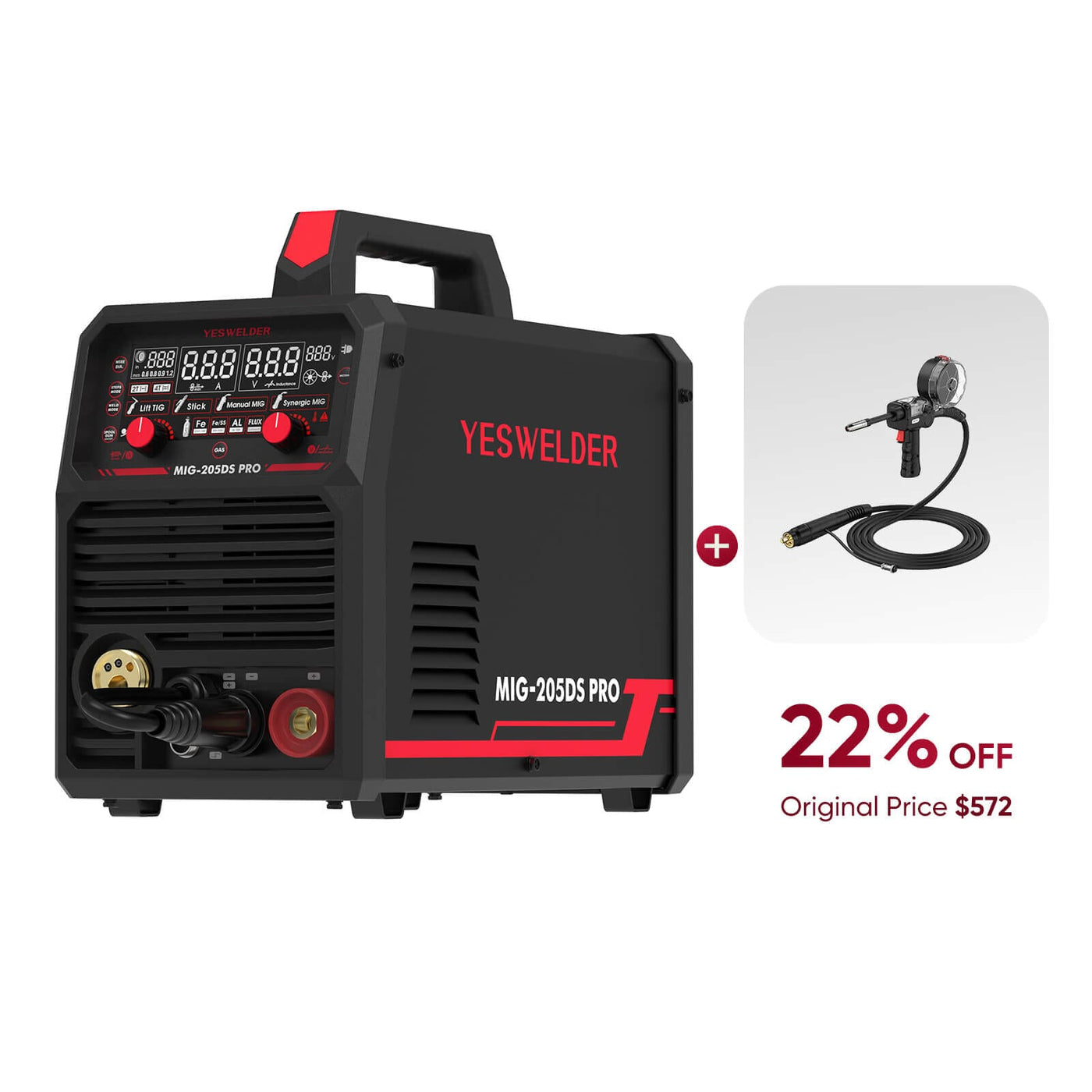 MIG-205DS-Pro Multi-Process MIG Aluminum Welder Hardware > Tools > Welders & Plasma Cutters YesWelder Welder+Spool Gun | Only $446.16 (Save $125.84) 