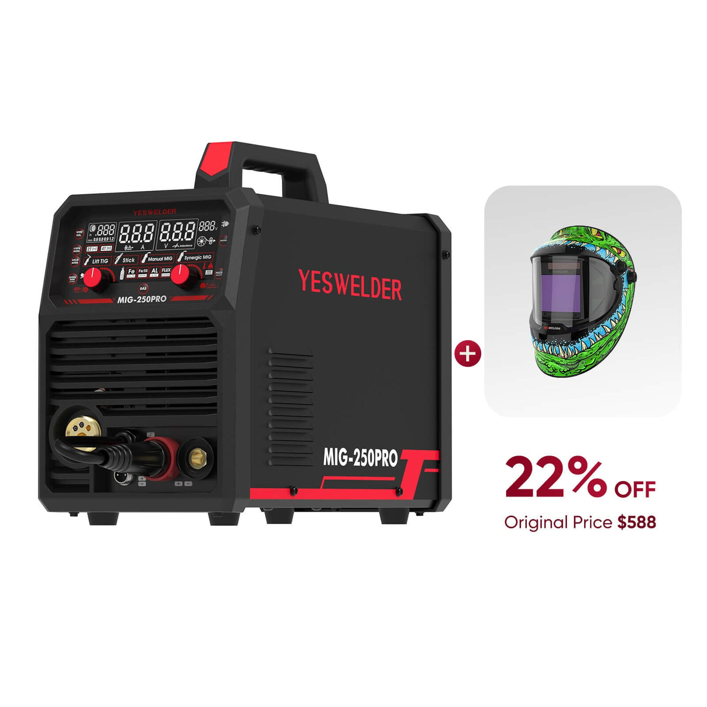 MIG-250PRO-DG 220V MIG Welder with Pulse Function, Digital Screen, and Spool Gun Compatibility Hardware > Tools > Welders & Plasma Cutters YesWelder Welder+Helmet Only $458.64 (Save $129.36) 