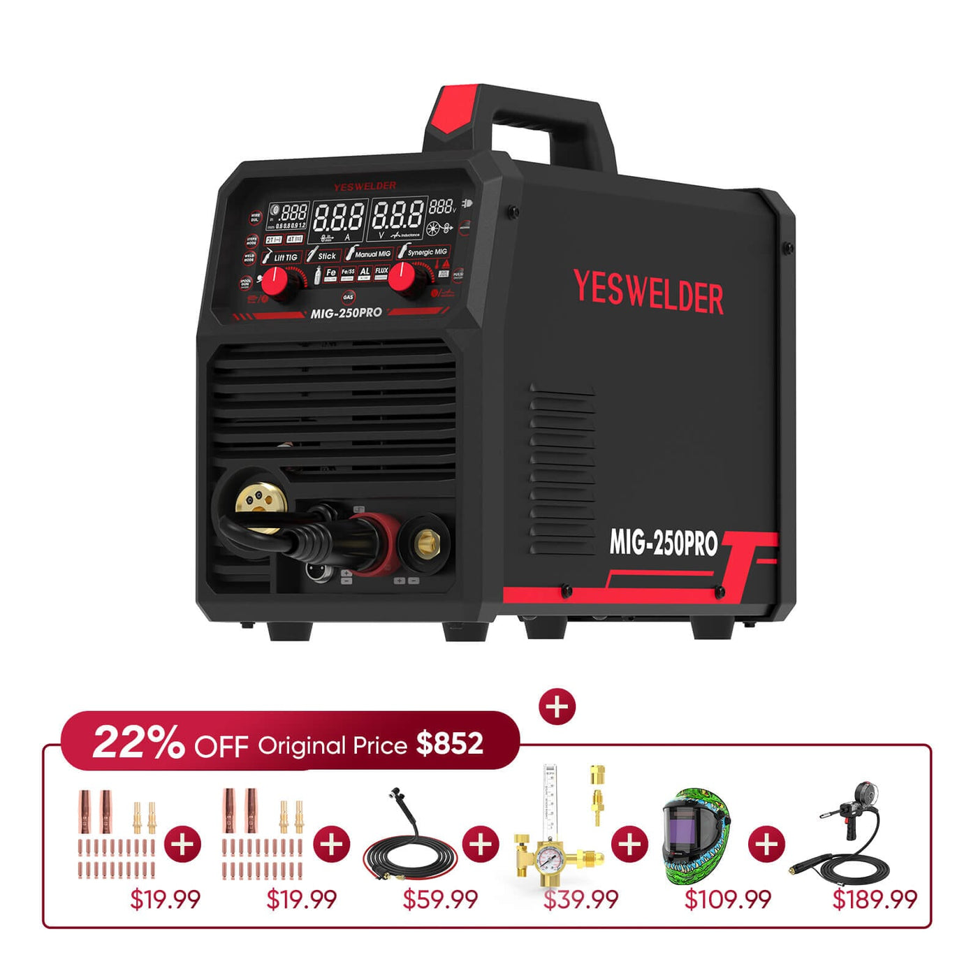 MIG-250PRO-DG 220V MIG Welder with Pulse Function, Digital Screen, and Spool Gun Compatibility Hardware > Tools > Welders & Plasma Cutters YesWelder Welder+Promo Bundle Only $664.56 (Save $187.44) 