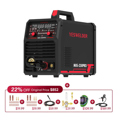 MIG-250PRO-DG 220V MIG Welder with Pulse Function, Digital Screen, and Spool Gun Compatibility Hardware > Tools > Welders & Plasma Cutters YesWelder Welder+Promo Bundle Only $664.56 (Save $187.44) 