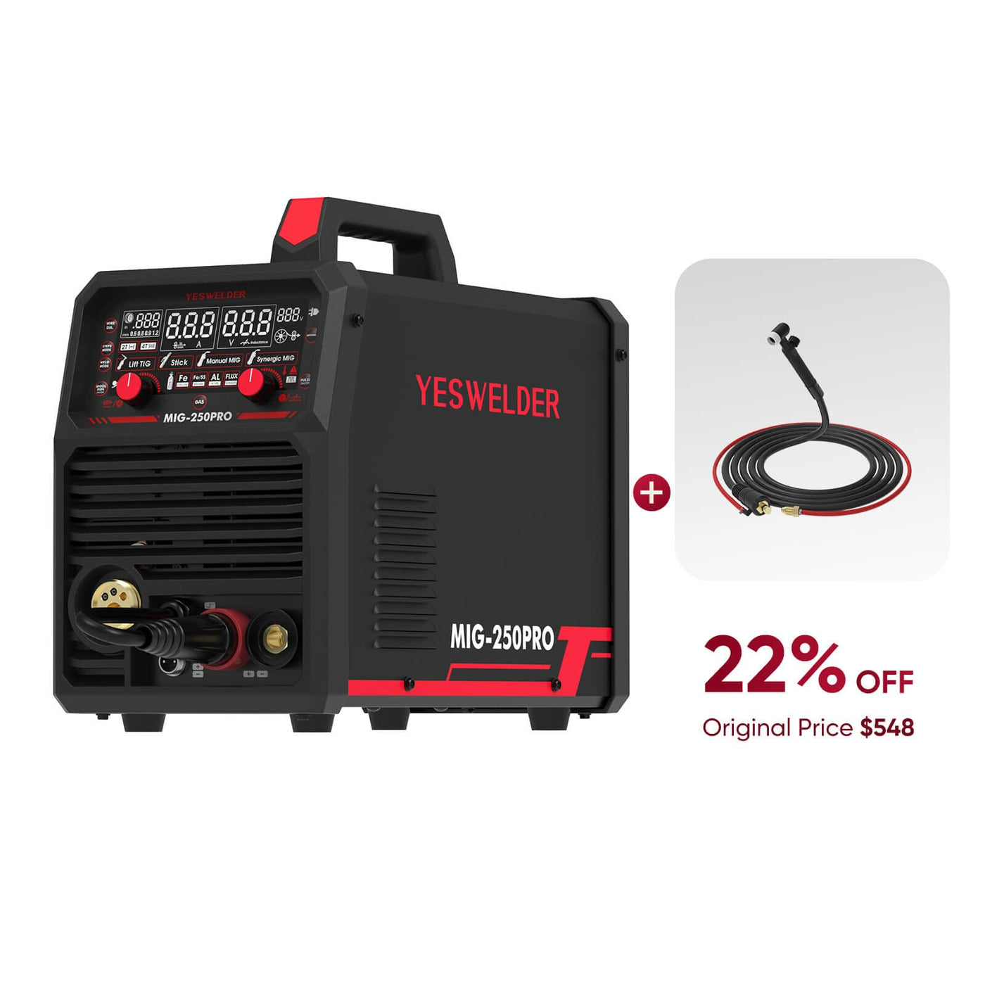 MIG-250PRO-DG 220V MIG Welder with Pulse Function, Digital Screen, and Spool Gun Compatibility Hardware > Tools > Welders & Plasma Cutters YesWelder Welder+Lift TIG Torch Only $427.44 (Save $120.56) 