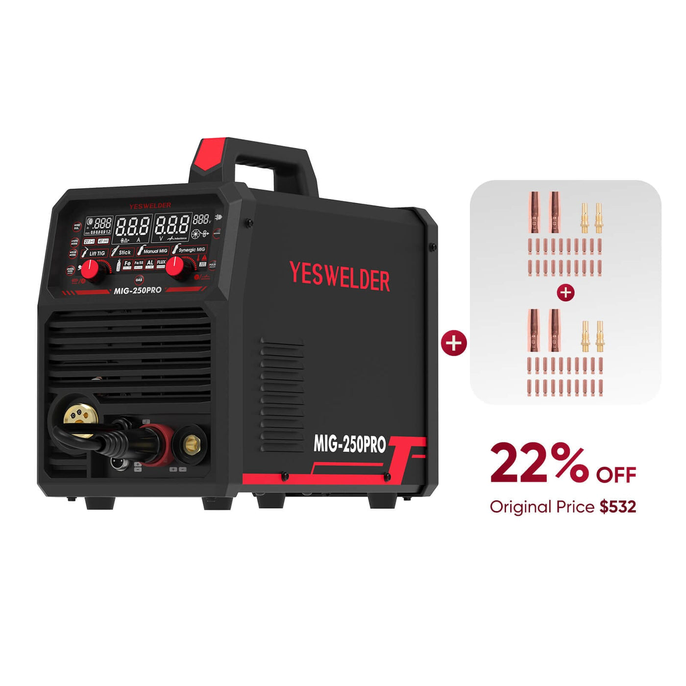 MIG-250PRO-DG 220V MIG Welder with Pulse Function, Digital Screen, and Spool Gun Compatibility Hardware > Tools > Welders & Plasma Cutters YesWelder Welder+MIG Kits Only $414.96 (Save $117.04) 