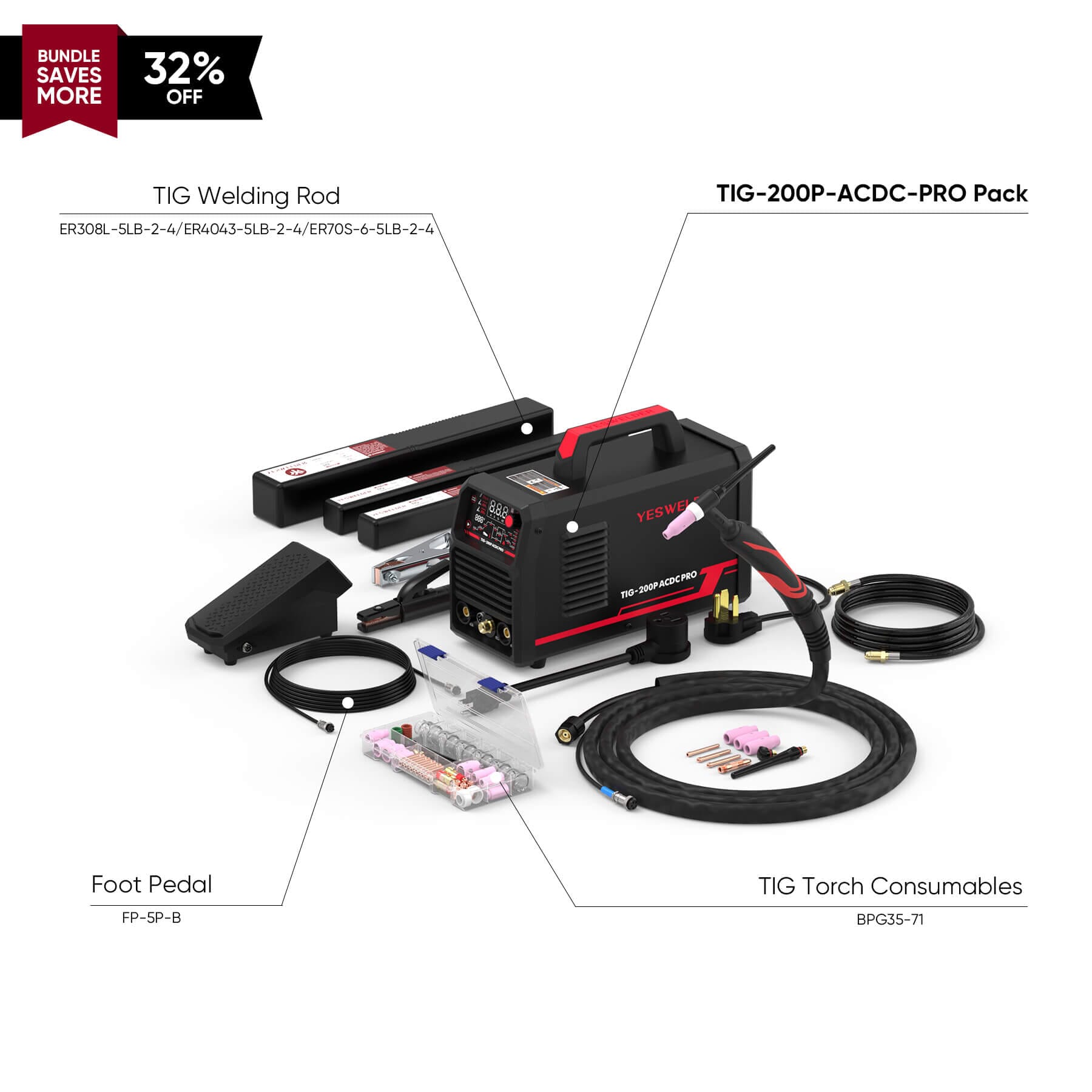 TIG-200P-ACDC-PRO AC/DC Aluminum TIG Welder Hardware > Tools > Welders & Plasma Cutters YesWelder Welder+Combo Bundle｜ Only $579.98 (Save $273.96) 